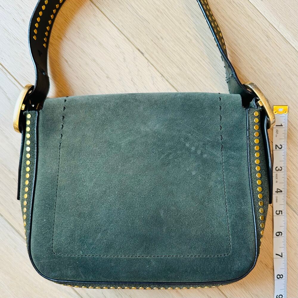 Tory Burch Sawyer Small Suede Shoulder Bag Green Gold Stud Buckle Purse - Picture 4 of 11